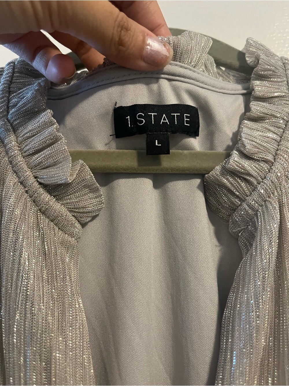 1. State Metallic Ruffle-Trim Open Jacket in Silver - Picture 2 of 3